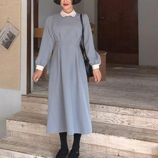 Puff Sleeve Plain Dress As Shown In Figure - One Size
