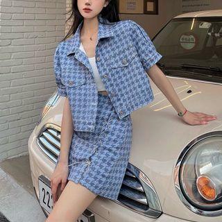 Short-sleeve Houndstooth Denim Jacket / Skirt
