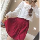 Lace Trim Long-sleeve Blouse / Pleated Mini Skirt