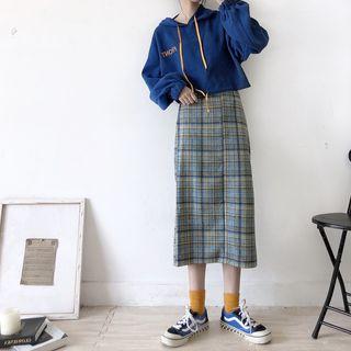 Embroidered Hoodie / Midi Plaid A-line Skirt