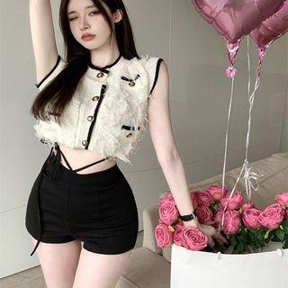 Knit Crop Tank Top / Tie-strap Hot Pants