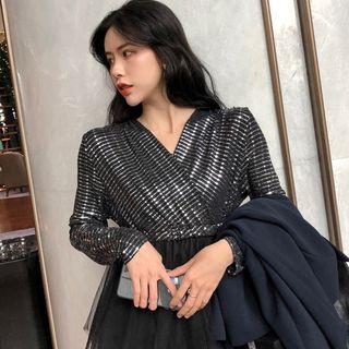 Long-sleeve Midi Layered Mesh Dress As Shown In Figure - One Size