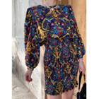 Floral Long-sleeve Smocked Mini Sheath Dress