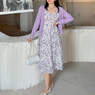 Set: Sleeveless Floral Print Midi A-line Dress + Cardigan