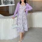 Set: Sleeveless Floral Print Midi A-line Dress + Cardigan