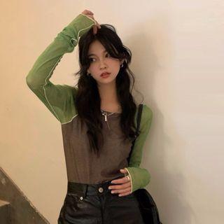 Color Block Long-sleeve T-shirt Green & Brown - One Size