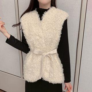 Faux Shearing Vest / Long-sleeve Midi A-line Knit Dress