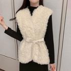 Faux Shearing Vest / Long-sleeve Midi A-line Knit Dress