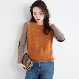 Long-sleeve Color Block Knit Top Khaki - One Size