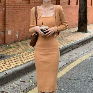 Spaghetti Strap Plain Knit Midi Bodycon Dress / Cropped Cardigan