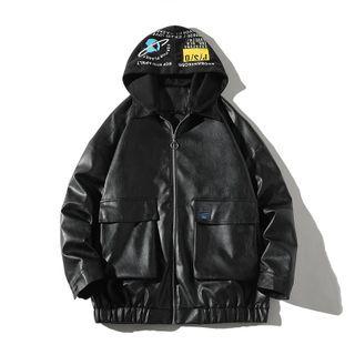 Lettering Hooded Faux Leather Zip Jacket