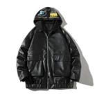 Lettering Hooded Faux Leather Zip Jacket