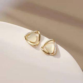 Triangle Faux Cat Eye Stone Rhinestone Earring 1 Pair - S925 Silver Needle - Gold - One Size