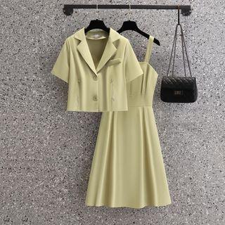 Set: Short-sleeve Single-breasted Blazer + Spaghetti Strap A-line Dress