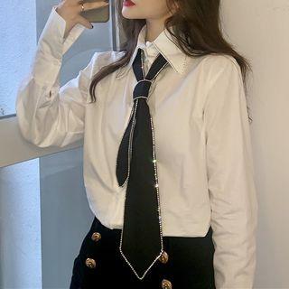 Set: Plain Shirt Rhinestone Neck-tie Shirt - White & Neck-tie - Black - One Size