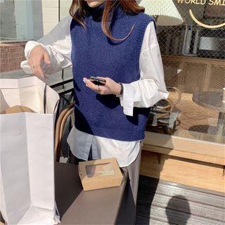 Long-sleeve Plain Loose-fit Shirt / Turtleneck Knit Vest
