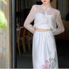 Spaghetti-strap Floral Cutout Midi A-line Dress / Cropped Camisole Top / Light Jacket / Midi A-line Skirt / Set
