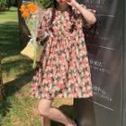 Floral Print Puff Sleeve Oversized Dress As Shown In Figure - One Size