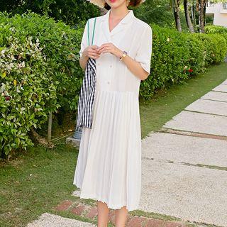 Short-sleeve Double Breasted Pleated Midi Dress