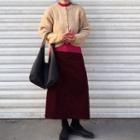 Chunky Cropped Cardigan / Plain Sweater / Corduroy Midi A-line Skirt