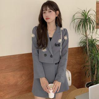 Long-sleeve Flower-accent Cropped Blazer / Asymmetrical Mini A-line Skirt