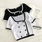 Color-block Double-breasted U-neck Short-sleeve Knit Top