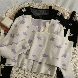 Set: Flower-print Crop Top + Crew-neck Light Cardigan