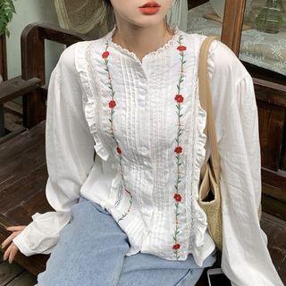 Flower Embroidered Puff-sleeve Top White - One Size