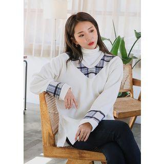 Tall Size Check-panel Knit Pullover