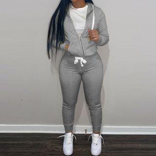 Set: Plain Zipped Hoodie + Plain High-waist Sweatpants