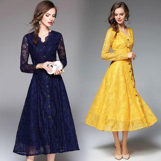 Single-breasted Lace A-line Midi Dress