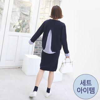 Set: Round-neck Striped-trim Knit Top + Band-waist Skirt