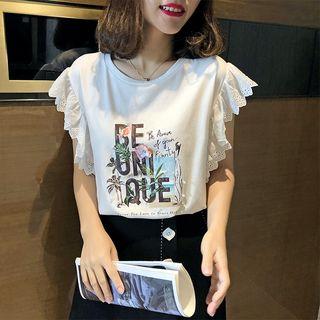 Cap-sleeve Lace-panel Printed T-shirt