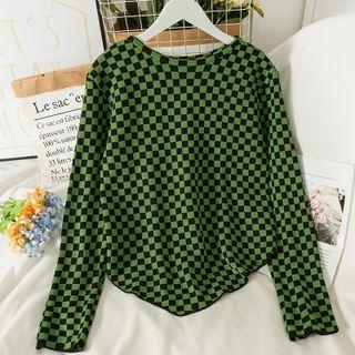 Asymmetrical-hem Checkerboard Knit Top
