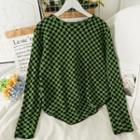 Asymmetrical-hem Checkerboard Knit Top