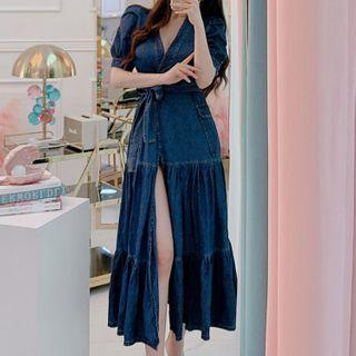 Tie-waist Short-sleeve Denim Midi A-line Dress