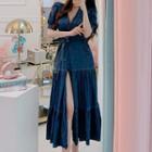 Tie-waist Short-sleeve Denim Midi A-line Dress