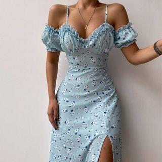 Off Shoulder Floral Print Ruffled-trim Slit A-line Dress
