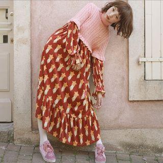 Bell-sleeve Knit Panel Midi Dress