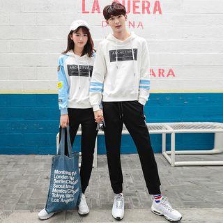Couple Matching Set: Applique Drawstring Hoodie + Striped Trim Sweatpants
