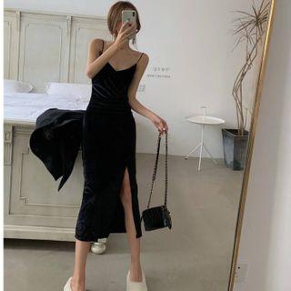 Side-slit Spaghetti Strap Midi Dress Black - One Size