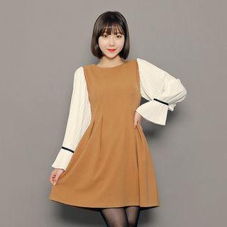 Pleated-sleeve Color-block Dress