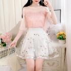 Set: Elbow-sleeve Cold-shoulder Top + Floral Embroidered Mini Skirt