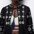 Floral Embroidered Tie-strap Open Front Jacket