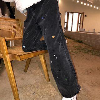 Heart-shaped Embroidered Straight-cut Jeans