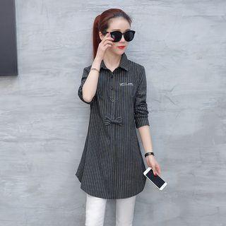 Bow-accent Striped Long Shirt