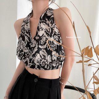 Halter Print Top Print - Black & White - One Size