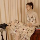 Set: Dotted Long-sleeve Mesh Top + Bird Print Midi Pinafore Dress