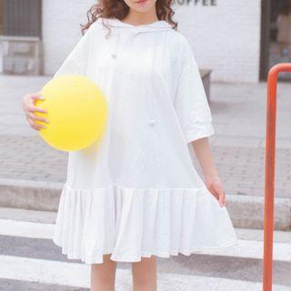 Pleated Hem Hooded 3/4-sleeve T-shirt Dress