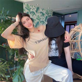 Lettering Short-sleeve T-shirt Light Khaki - One Size